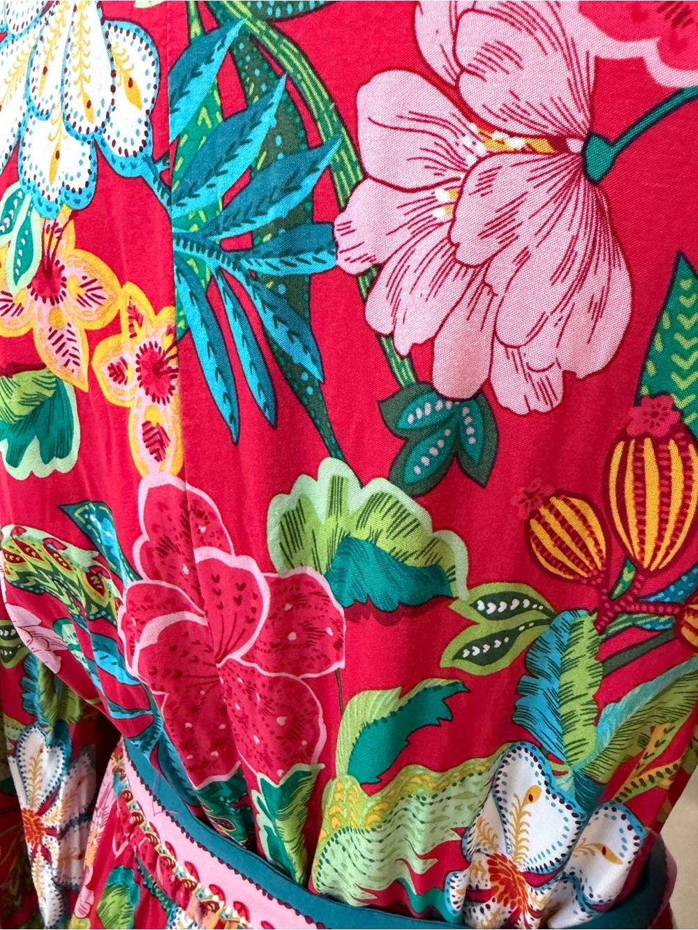 Adrianna Papell Tropical Floral Dress Tie Waist V Neck Long Sleeve Mini Red 8 - Picture 11 of 14